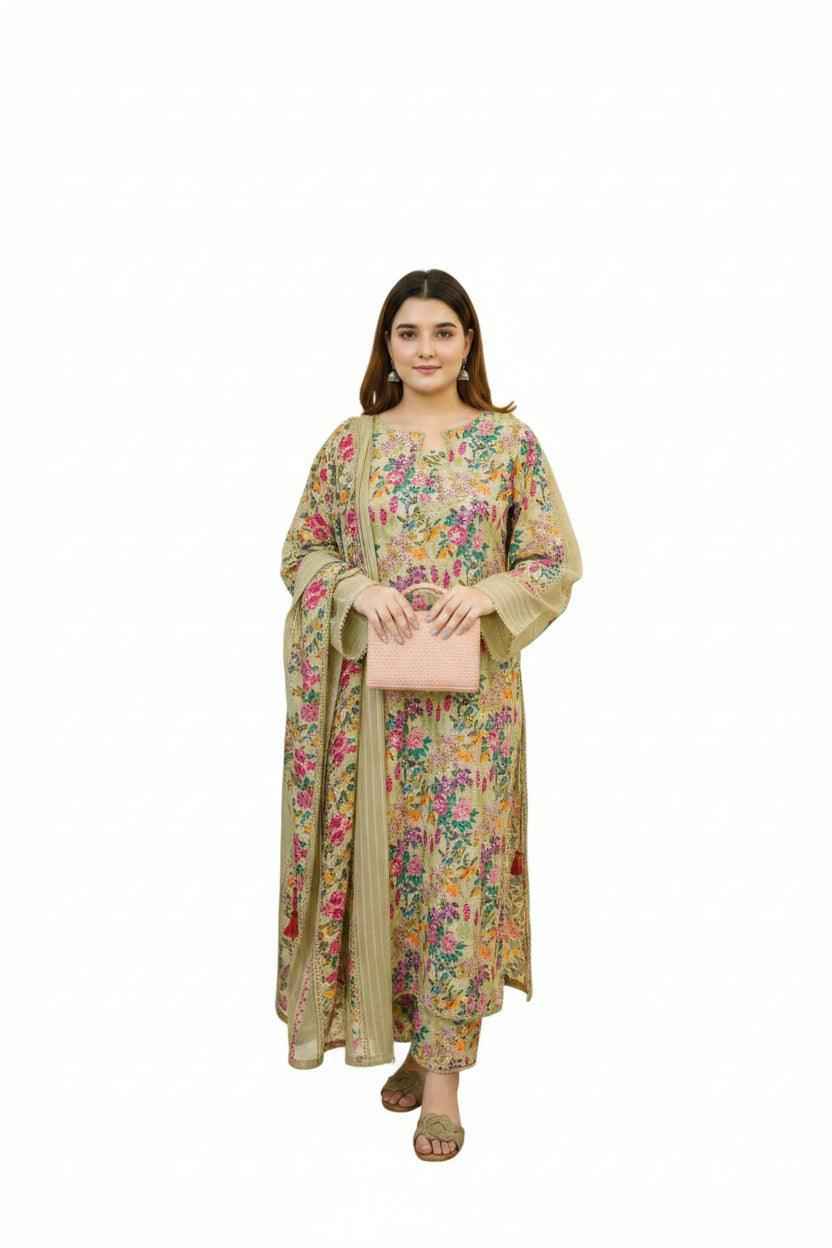 Embroidered silk suit in smooth fabric with elegant detailing.
