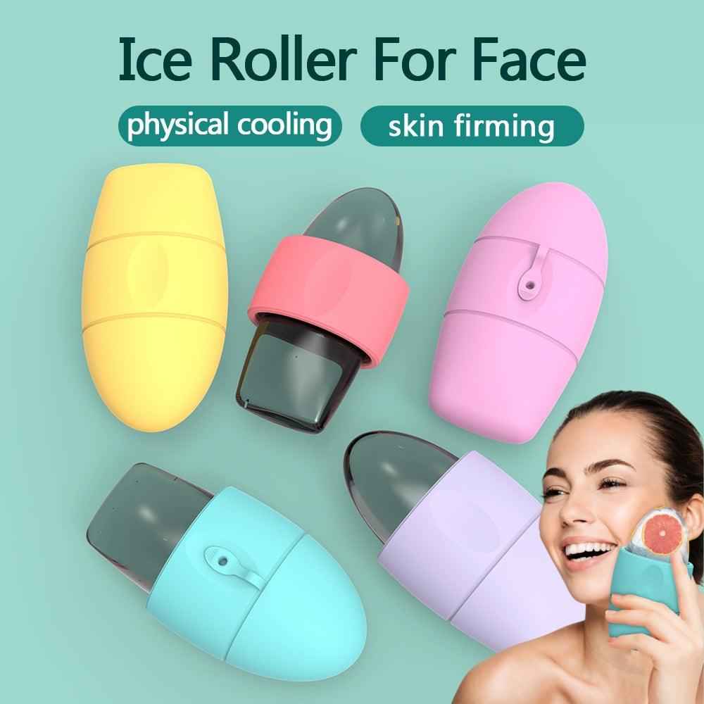 Silicone ice face roller with a contoured head for cooling facial massage.